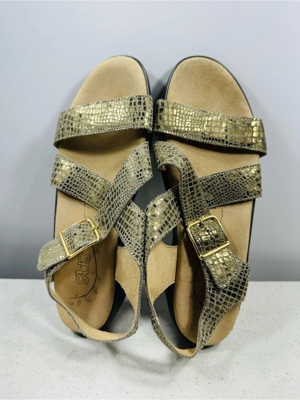 Sas Laguna Olive Gold Sandals Women Size 7 N Made Is Usa - Picture 5 of 7
